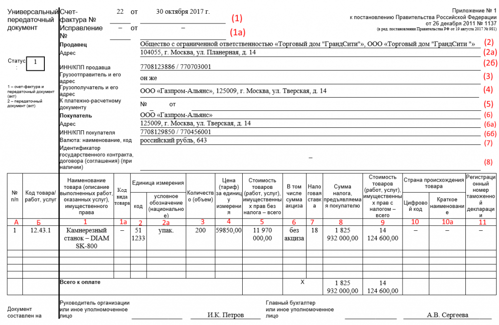 Правильность заполнения упд образец